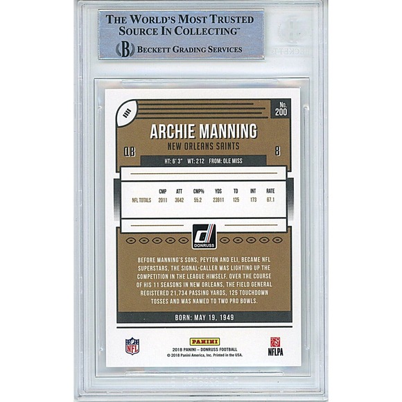 Archie Manning Signed 2018 Donruss New Orleans Saints Card - Beckett Authentic - Picture 2 of 4